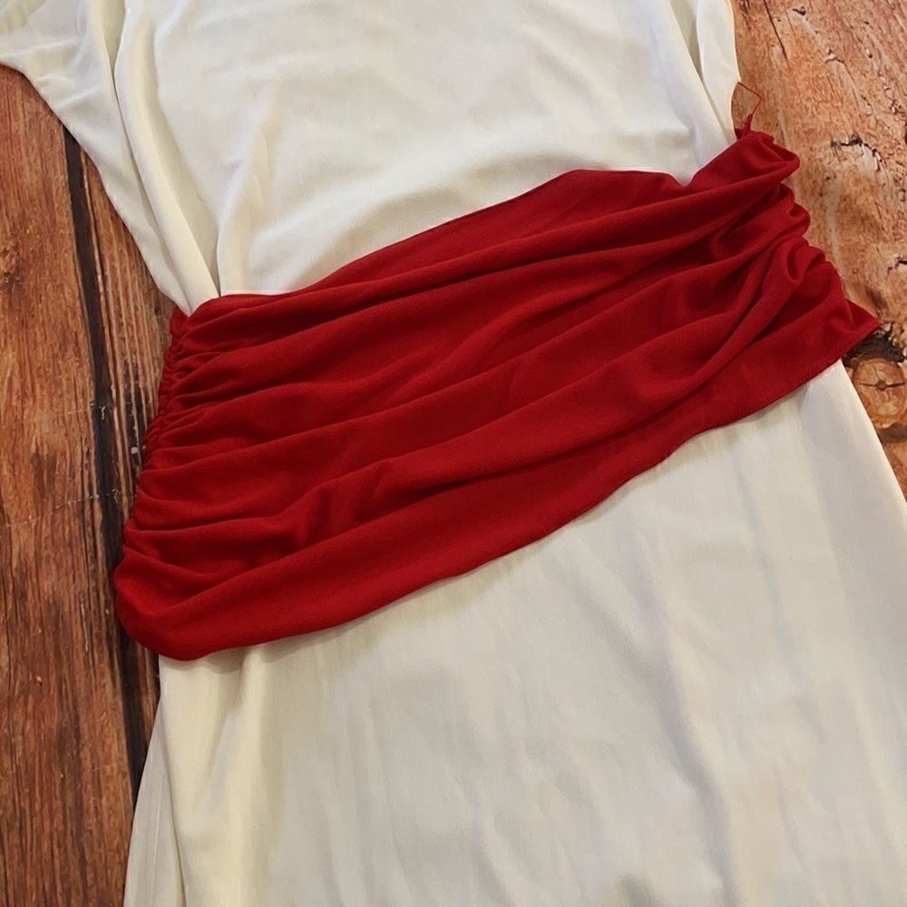 Jackie Rogers Grecian Style Cream maxi Dress, red waist band, neck tie, Medium - Picture 11 of 13